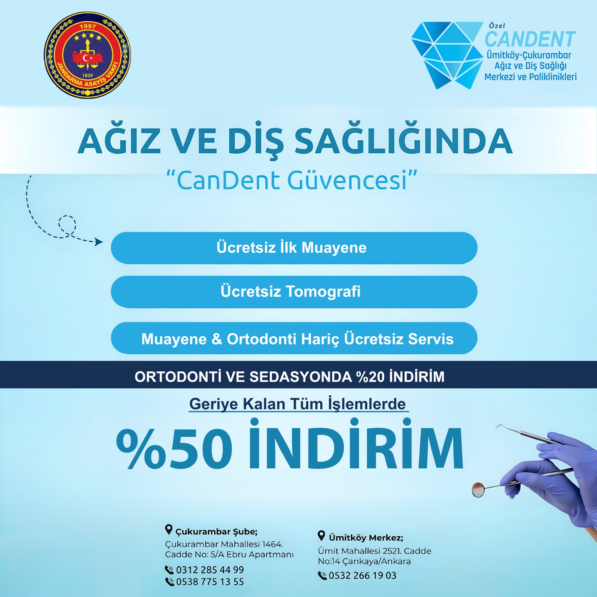 Genel tedavide %50 , Sedasyon ve ortodonti tedavilerinde %20 indirim sağlanacaktır.